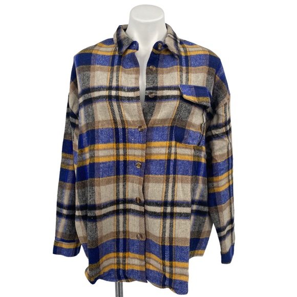 Daisy Street Sweaters - Daisy Street NWT Blue/Yellow/Taupe/Black Plaid Shacket Button Down Top Large